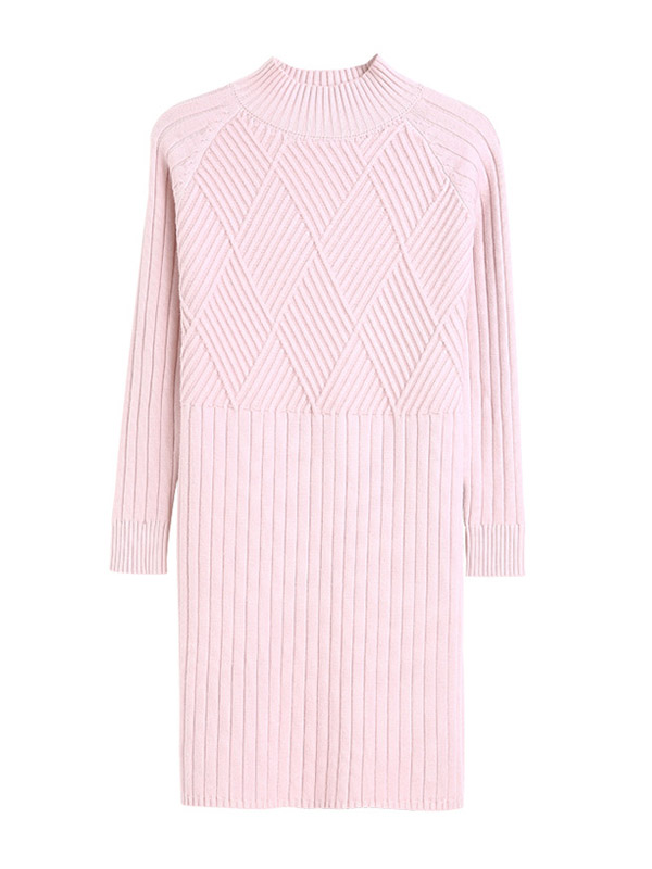 Pink Stand Collar Knitted Midi Dress with Mesh Skirt