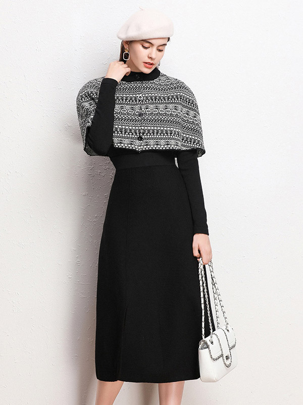 Black Knit Top & Skirt with Cape