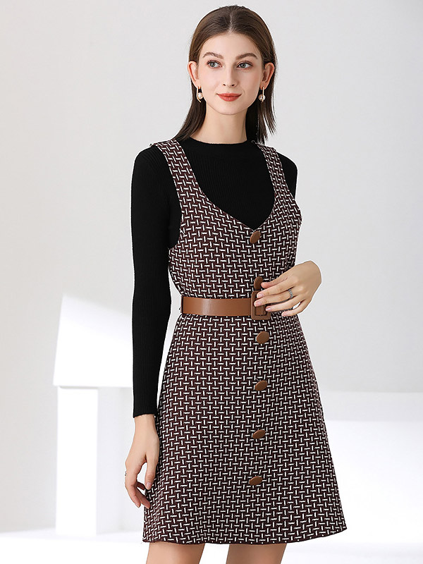 Brown Knit Vest Dress with Black Top