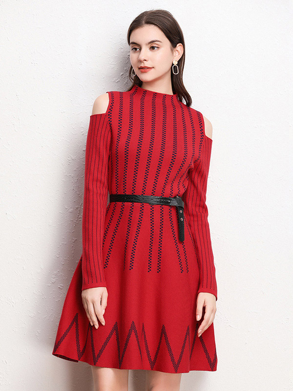 Red Cold Shoulder Striped Midi Dress