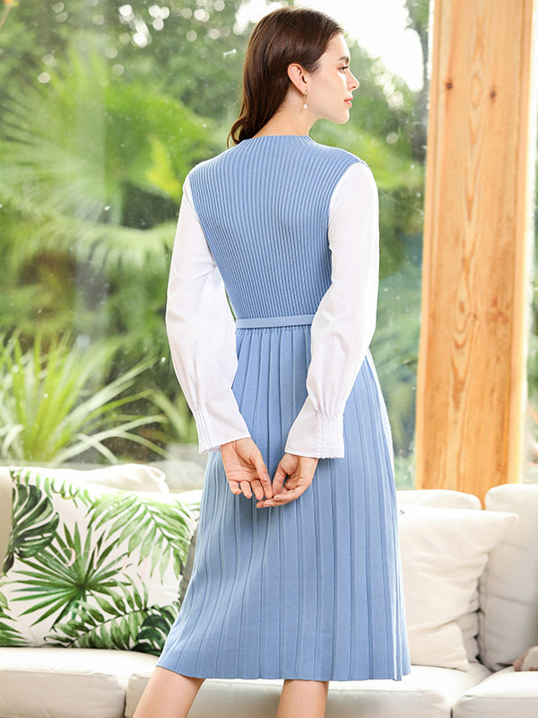 Blue Round Neck A-line Knitted Midi Dress