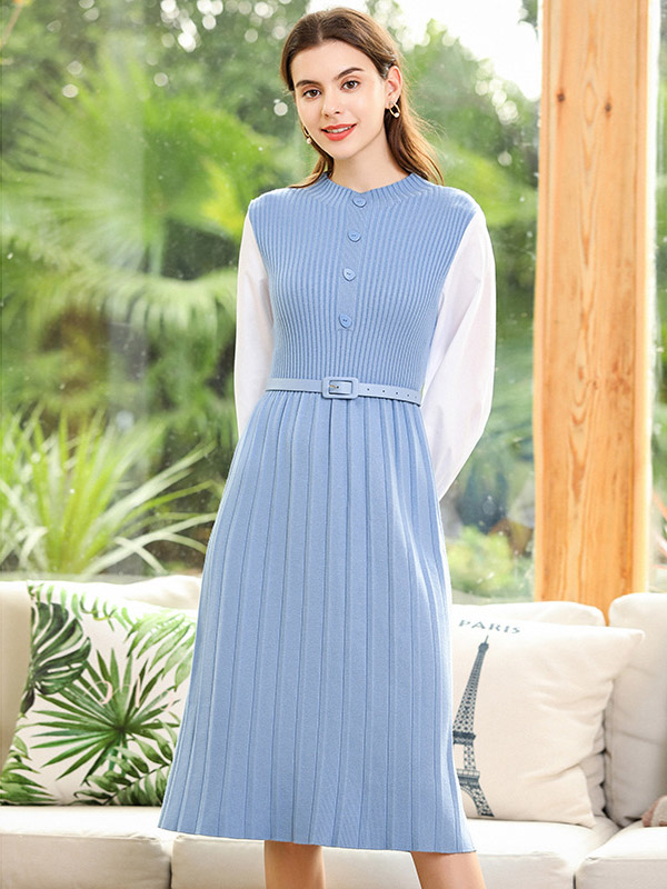 Blue Round Neck A-line Knitted Midi Dress