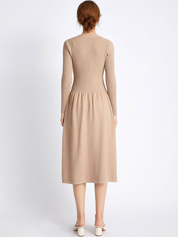 Khaki V Neck A-line Knitted Midi Dress