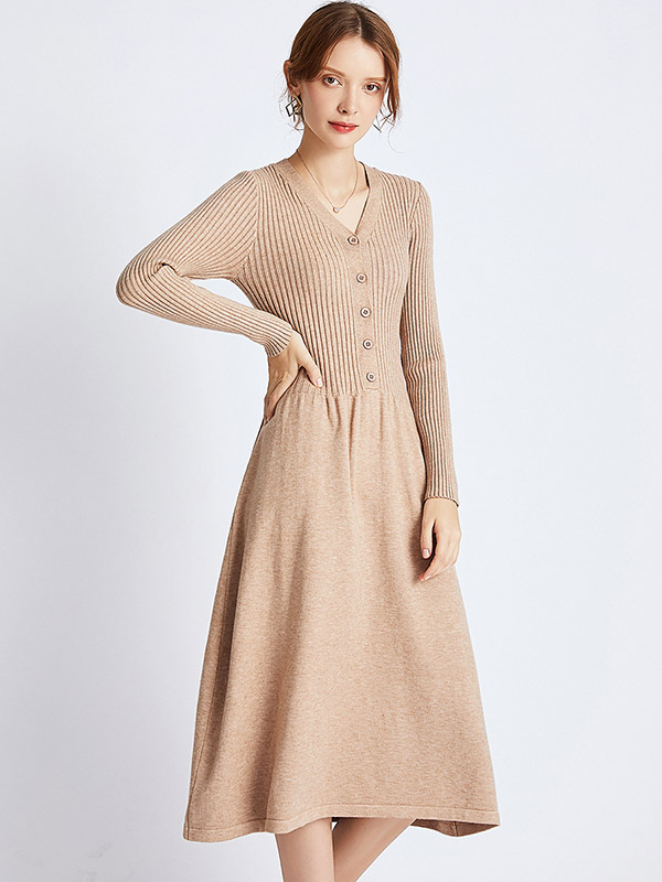 Khaki V Neck A-line Knitted Midi Dress