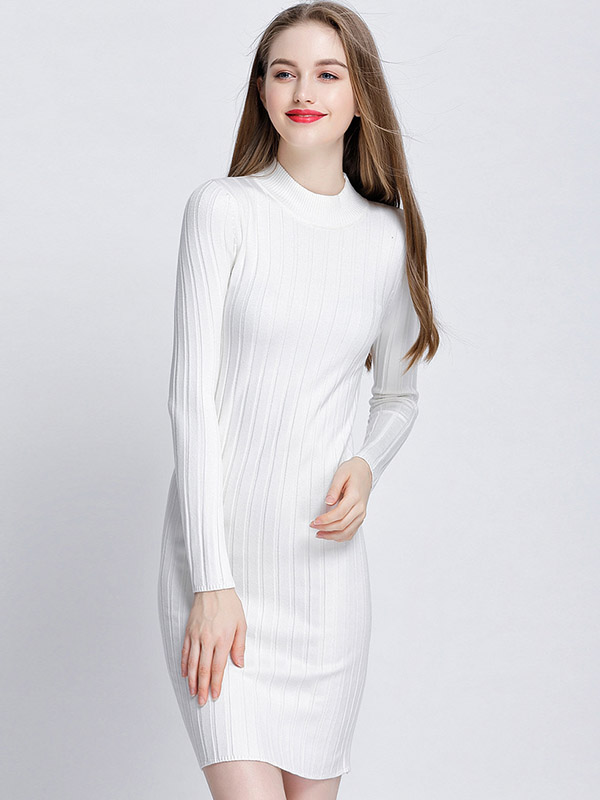 White Stand Collar Knit Bodycon Dress