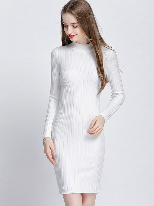 White Stand Collar Knit Bodycon Dress