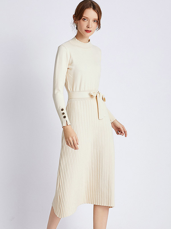 Beige Stand Collar Tie Waist Midi Dress