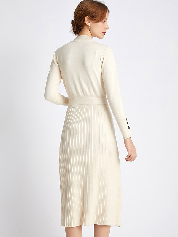 Beige Stand Collar Tie Waist Midi Dress