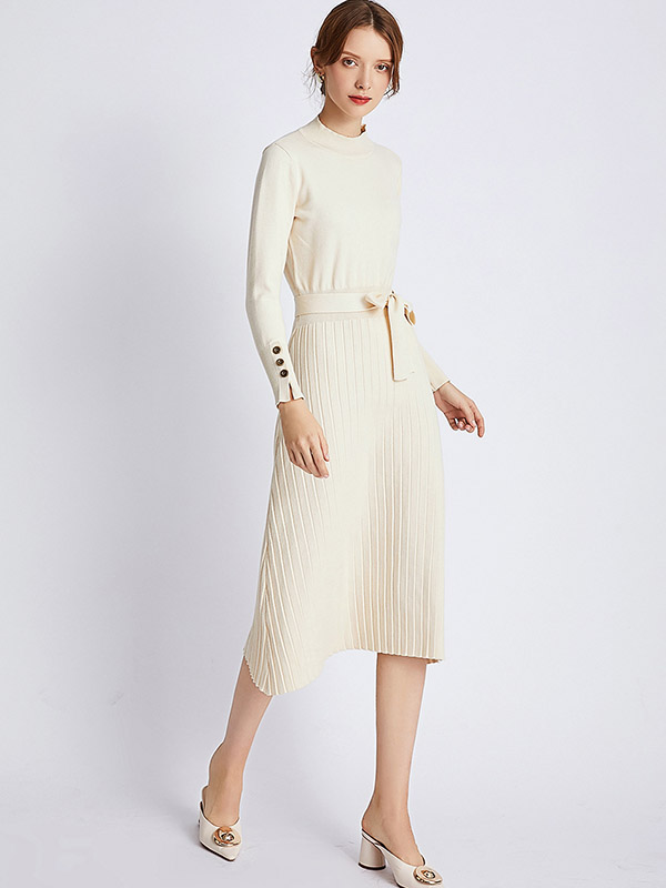 Beige Stand Collar Tie Waist Midi Dress