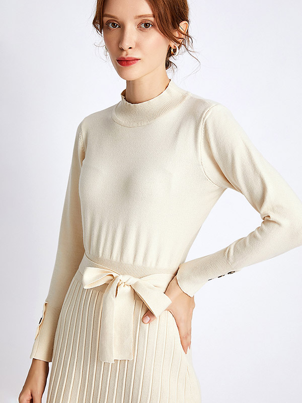 Beige Stand Collar Tie Waist Midi Dress