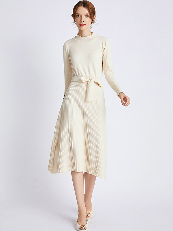 Beige Stand Collar Tie Waist Midi Dress