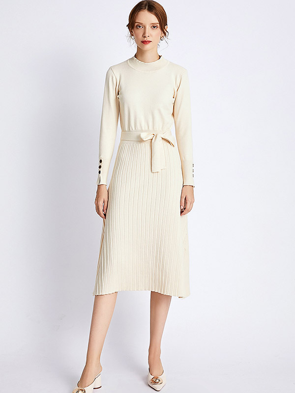 Beige Stand Collar Tie Waist Midi Dress