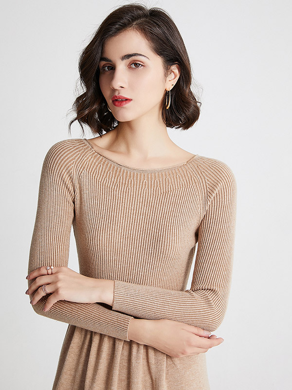 Khaki Boat Neck A-line Knit Dress