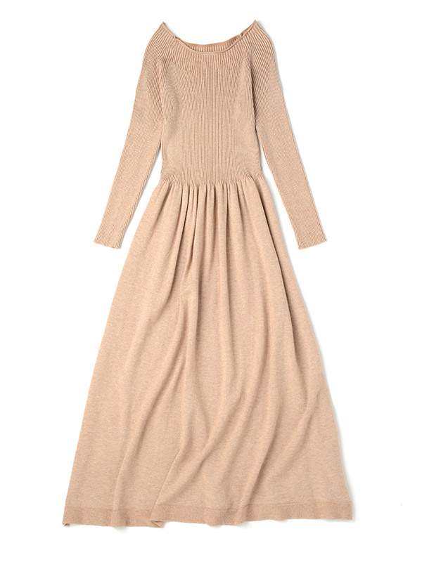 Khaki Boat Neck A-line Knit Dress