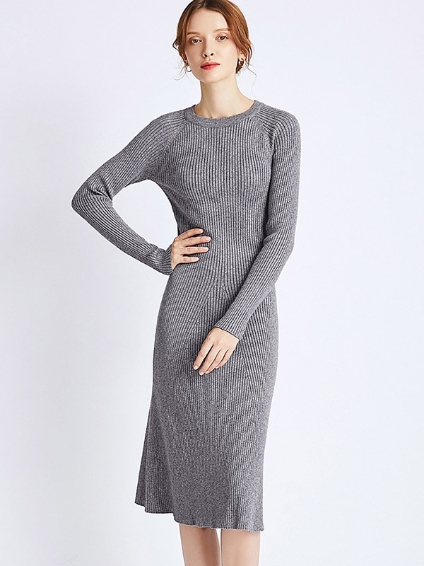 Grey Round Neck Ribbed Style Midi Dress