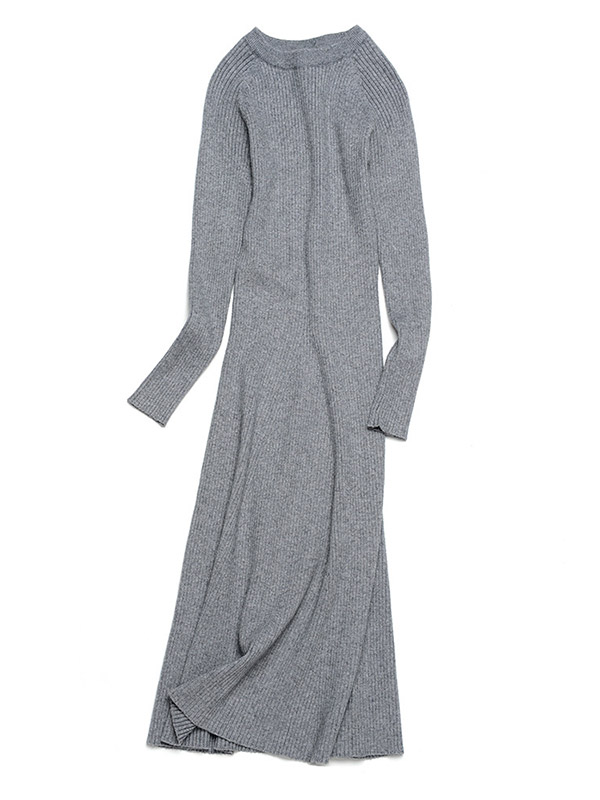 Grey Round Neck Ribbed Style Midi Dress