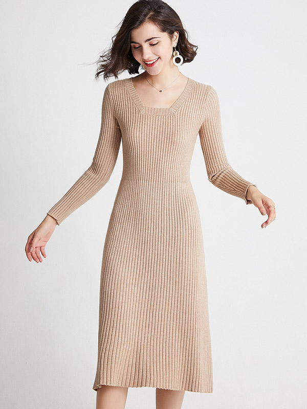 Khaki Square Neck Ribbed Style Midi Dress