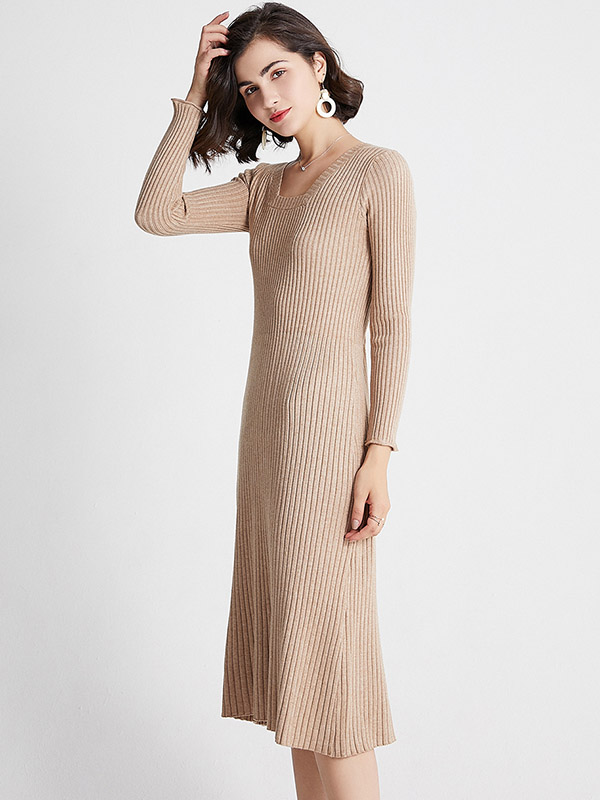 Khaki Square Neck Ribbed Style Midi Dress