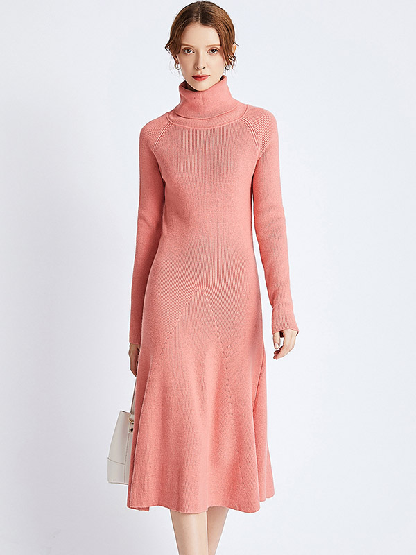 Pink Roll Neck Ribbed A-line Midi Dress