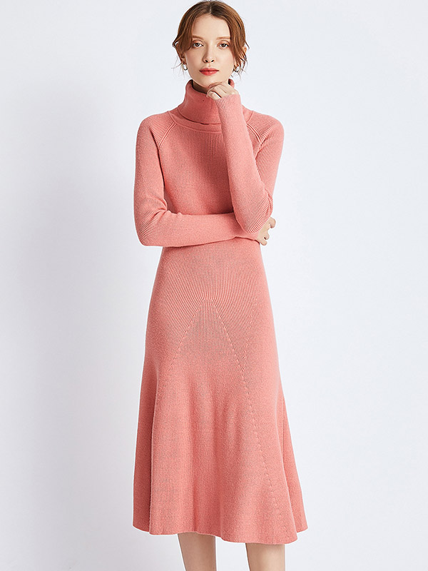 Pink Roll Neck Ribbed A-line Midi Dress