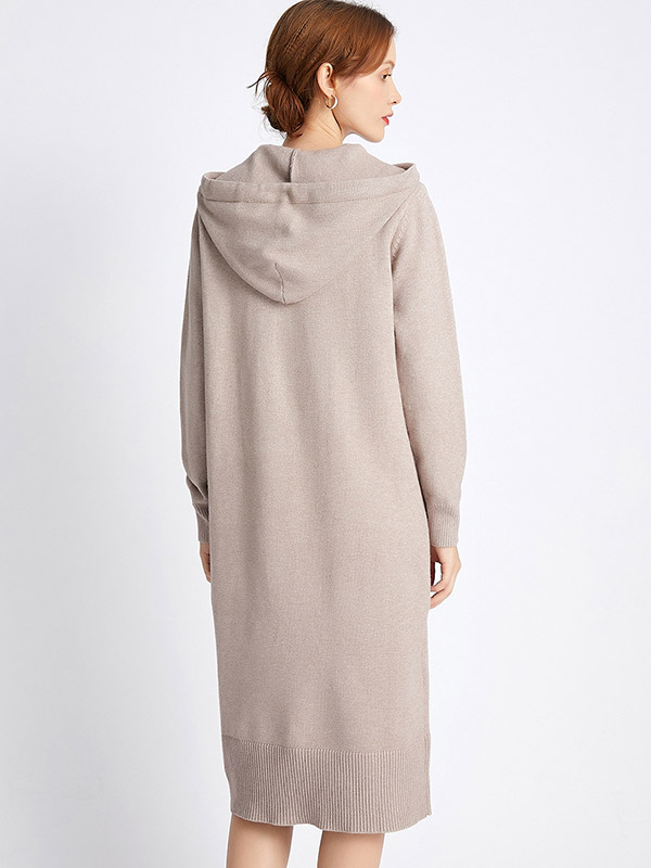 Khaki Hooded Knitted Midi Dress