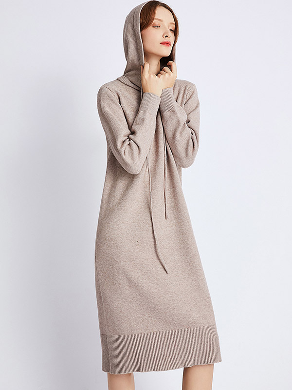 Khaki Hooded Knitted Midi Dress