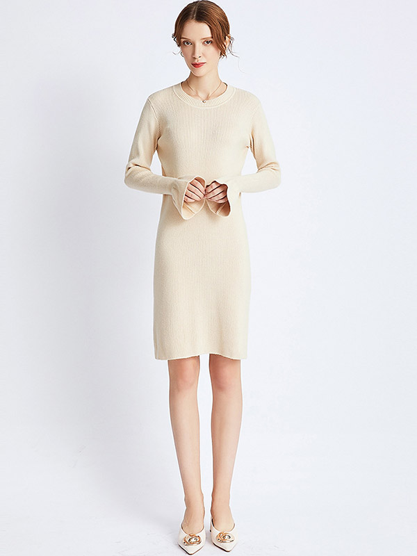 Apricot Round Neck Flared Sleeve Midi Dress