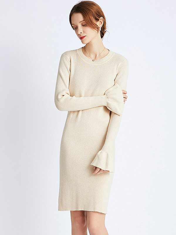 Apricot Round Neck Flared Sleeve Midi Dress