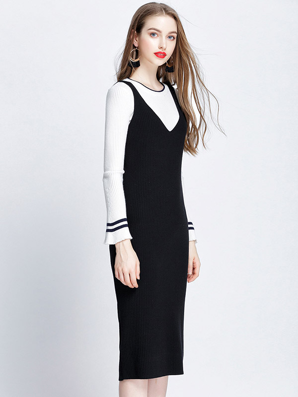 Black V-Neck Vest Knit Dress