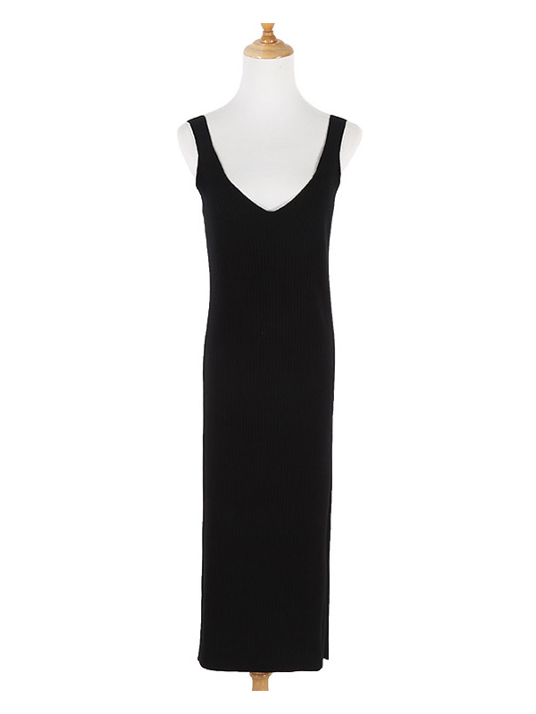 Black V-Neck Vest Knit Dress