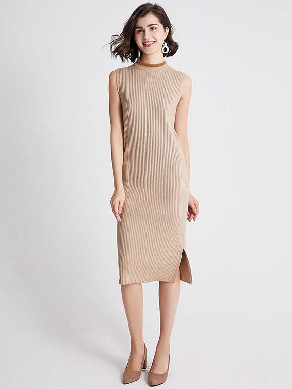 Khaki Crew Neck Ribbed Style Sleeveless Knit Dress