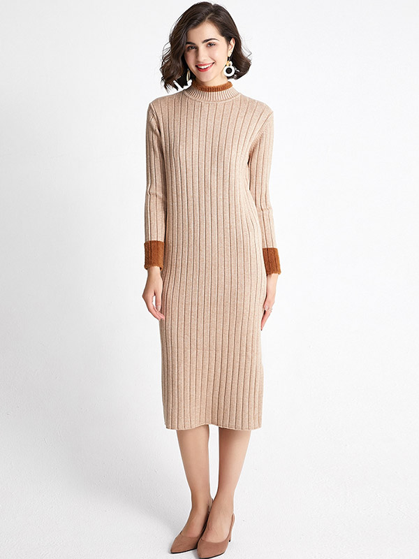 Khaki Crew Neck Ribbed Style Split Knit Dress