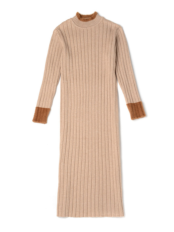 Khaki Crew Neck Ribbed Style Split Knit Dress