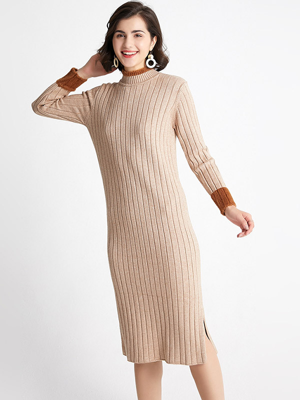 Khaki Crew Neck Ribbed Style Split Knit Dress