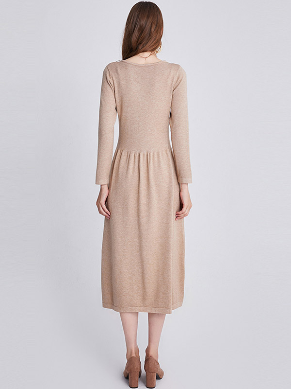 Khaki V-neck A-line Knitted Dress