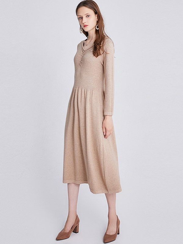 Khaki V-neck A-line Knitted Dress