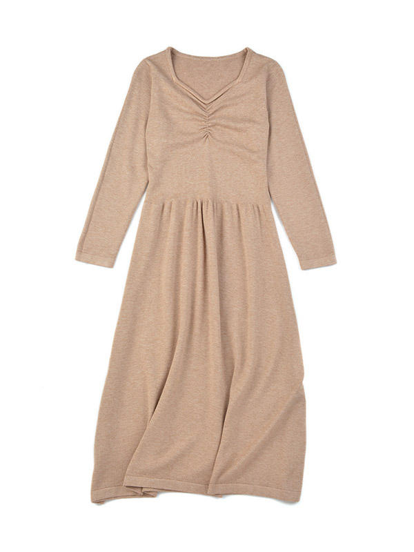 Khaki V-neck A-line Knitted Dress