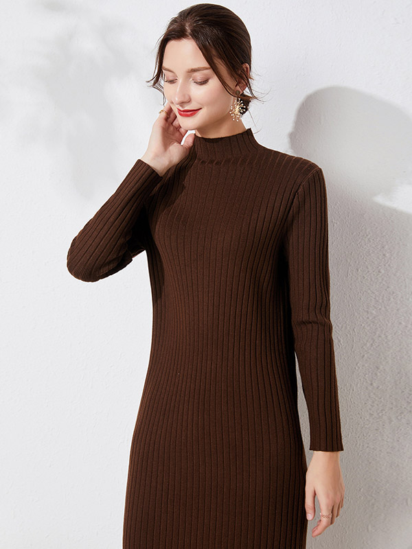 Brown High Neck Knit Dress