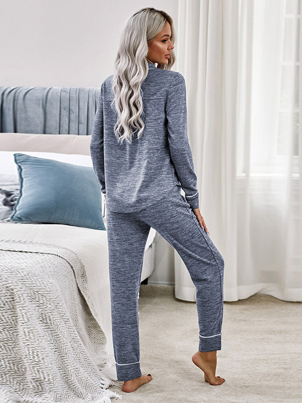 Blue Lapel Collar Knitted Loungewear Set