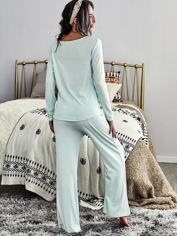 Light Green V-neck Knitted Loungewear Set