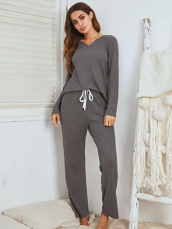 Grey V Neck Knit Loungewear Set