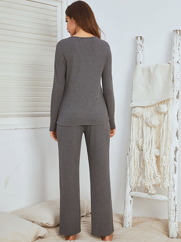 Grey V Neck Knit Loungewear Set