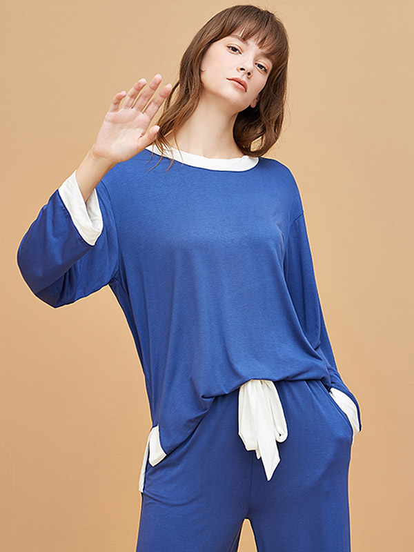 Blue Round Neck Modal Fabric Loungewear Set