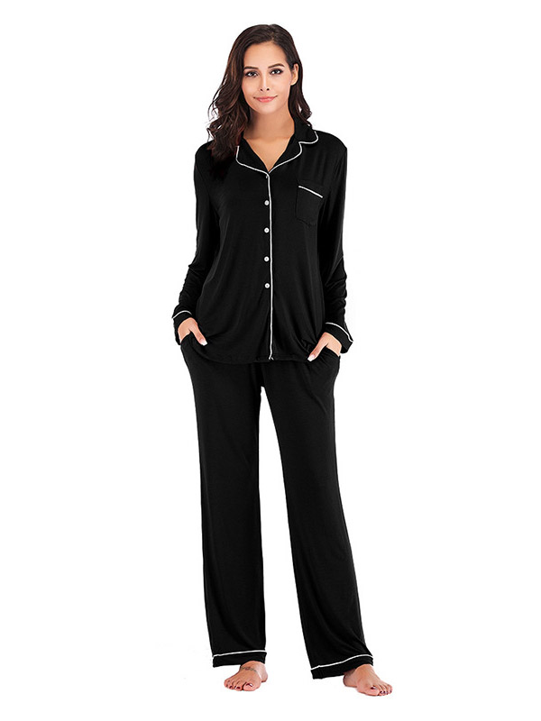 Black Lapel Collar Modal Loungewear Set