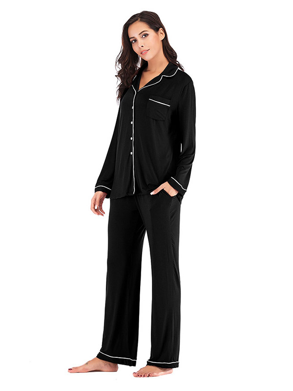 Black Lapel Collar Modal Loungewear Set