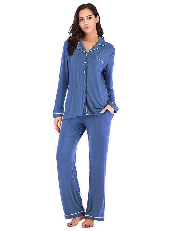 Blue Lapel Collar Modal Loungewear Set