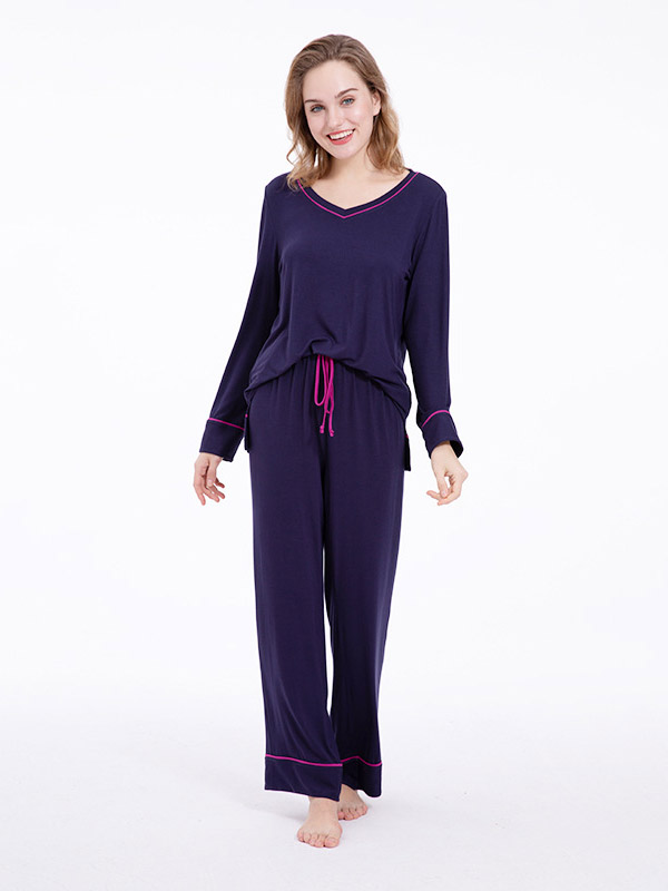 Dark Blue V Neck Loungewear Set