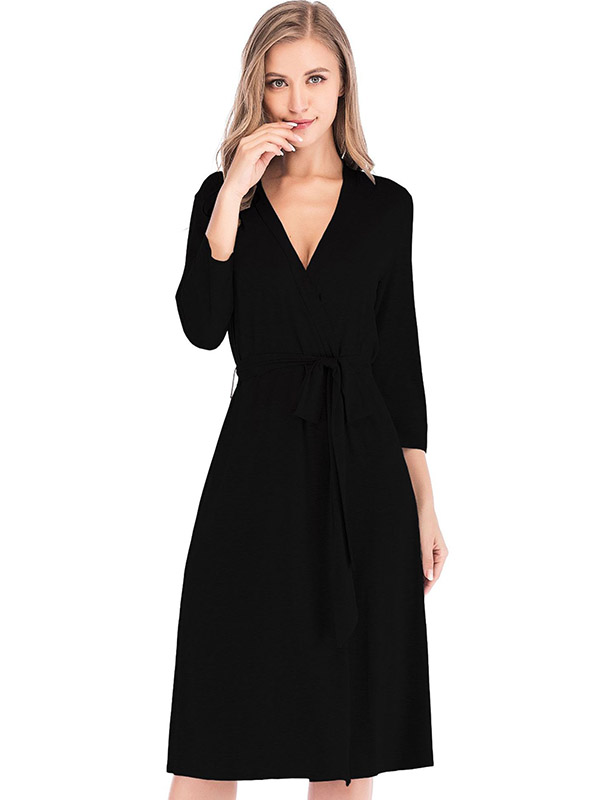 Black V Neck 3/4 Sleeves Nightgown with Belt