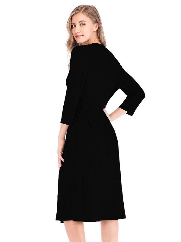 Black V Neck 3/4 Sleeves Nightgown with Belt