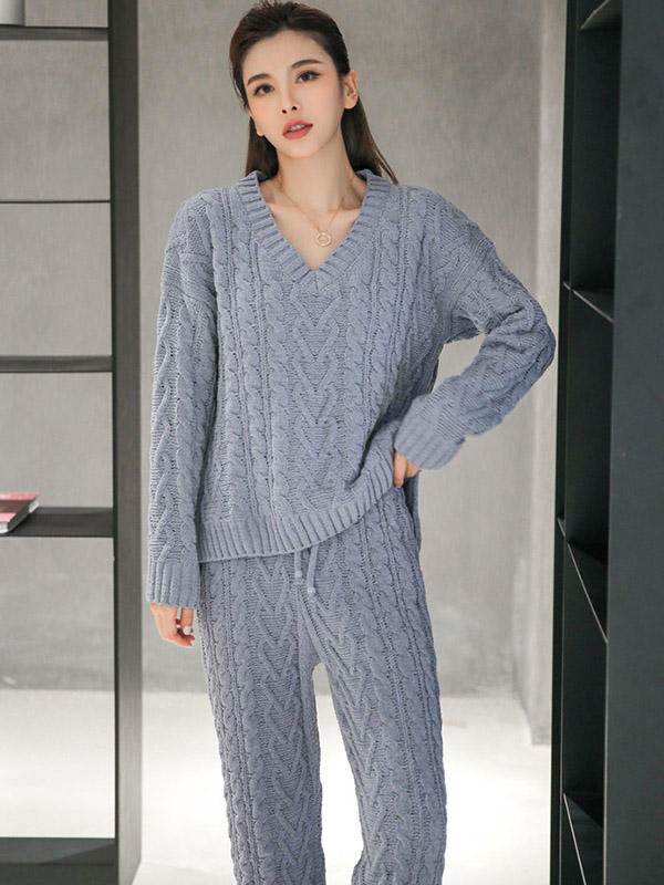 Blue V Neck Cable Knitted Set